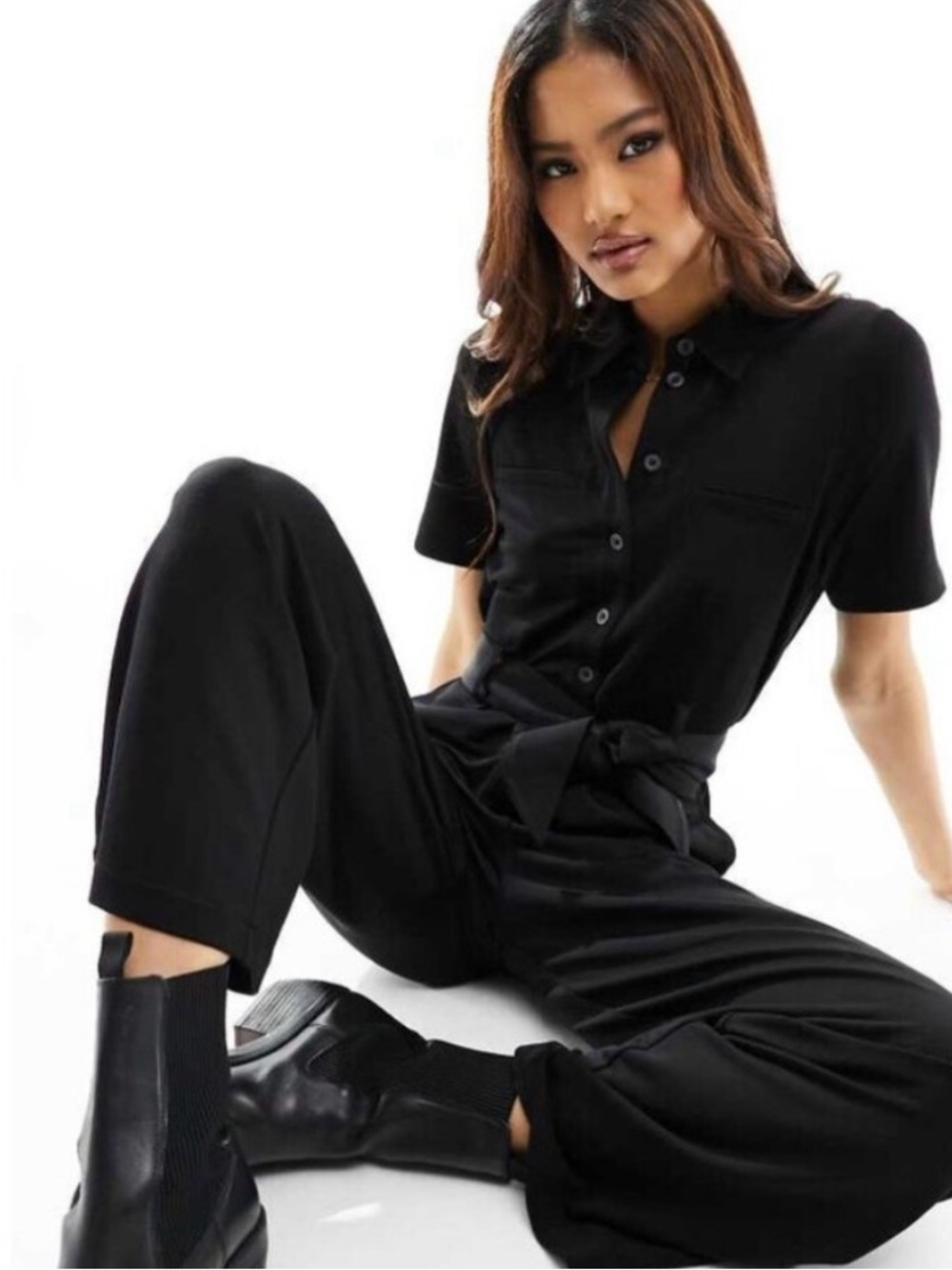 & Other Stories Black Belted Short Sleeve Lyocell Button Up Jumpsuit Size 4